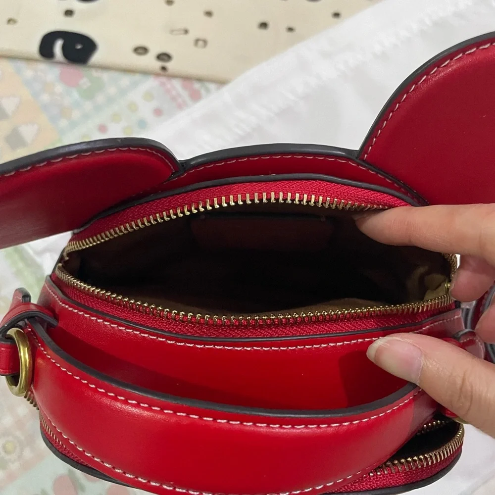 COACH Red Round Ear Crossbody Bag with Gold Logo
